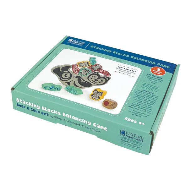 Box of a stacking blocks balancing game with illustrations on a white background