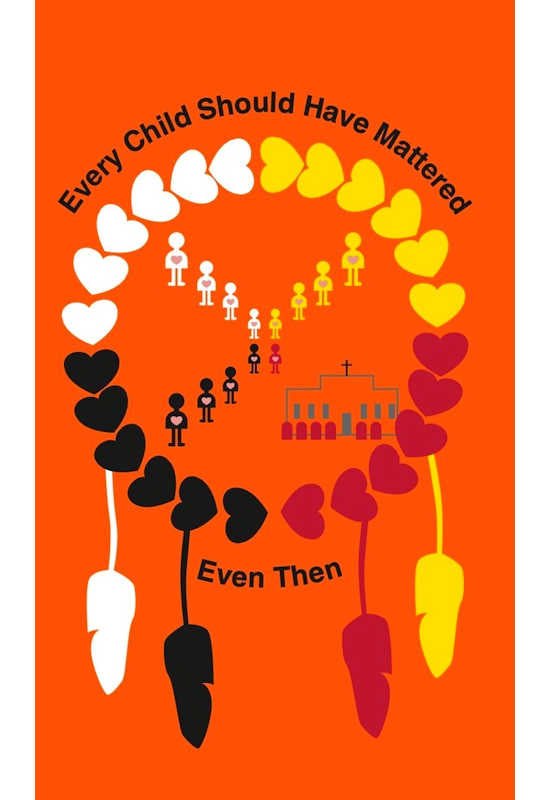 Flag with hearts, figures, and text on an orange background