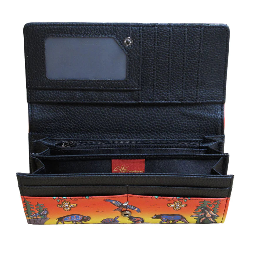 Black wallet with a colorful interior design on a white background