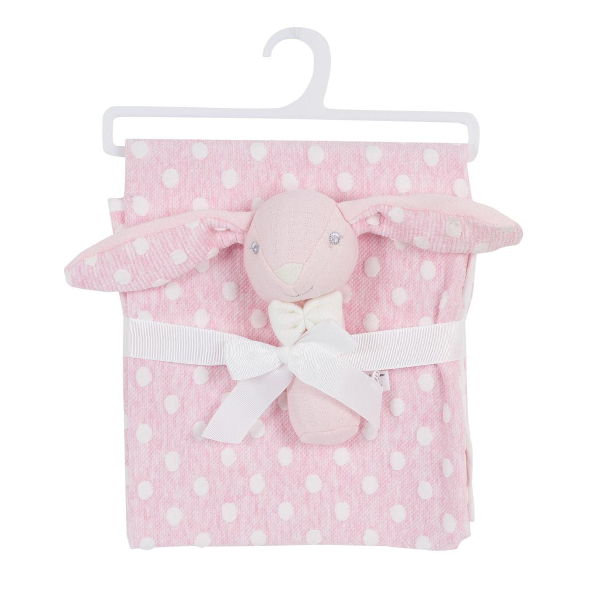 A pink baby gift set featuring a soft plush bunny with long ears, a white bow, and a matching pink and white polka dot blanket, all presented on a white plastic hanger against a plain white background.