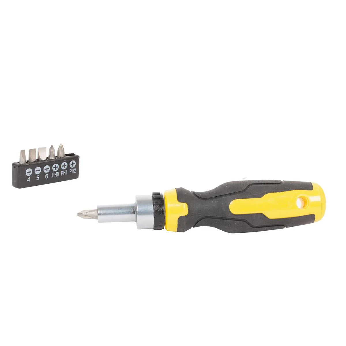Screwdriver set with a black and yellow handle on a white background
