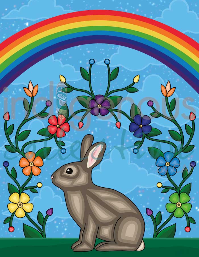 Illustration of a rabbit sitting below a rainbow and colorful flowers on a blue background