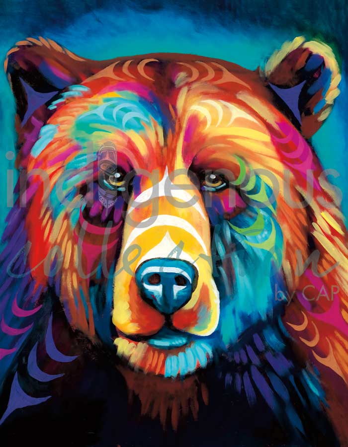 Colorful bear painting with a blue background