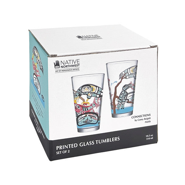 Box of Native Northwest printed glass tumblers with artwork on a white background