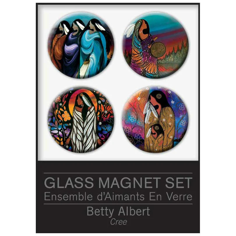 A glass magnet set featuring four circular magnets with colorful Native American-inspired art designs, displayed on a white background with a black label at the bottom reading 'GLASS MAGNET SET' and 'Betty Albert Cree'.