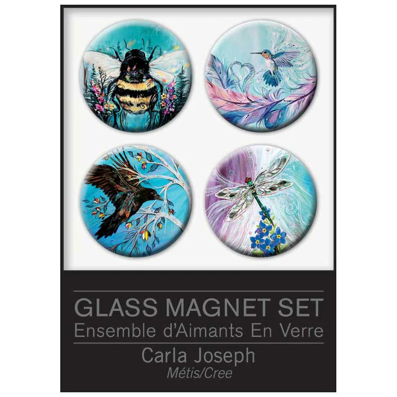 A glass magnet set featuring four round magnets with nature illustrations: a bumblebee, a hummingbird, a bird on a branch, and a dragonfly, shown on a white background with a black label at the bottom reading 'GLASS MAGNET SET' and 'Carla Joseph'.