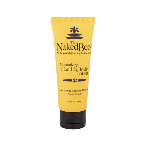 Yellow tube of Naked Bee moisturizing hand and body lotion on a white background