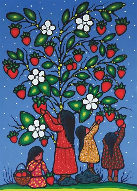 Artistic depiction of people picking strawberries from a large tree with fruit and flowers against a blue sky.