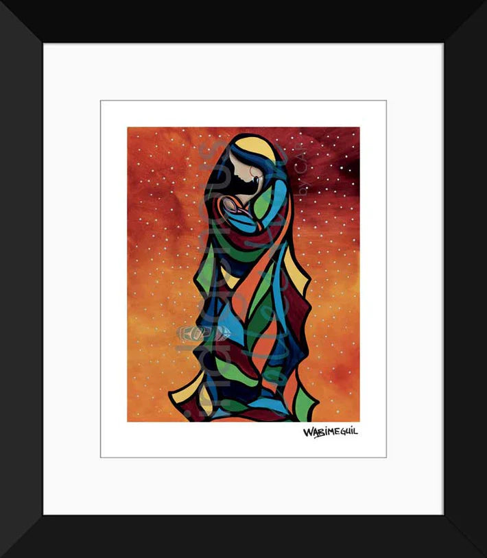 Framed abstract artwork with a colorful figure on an orange background
