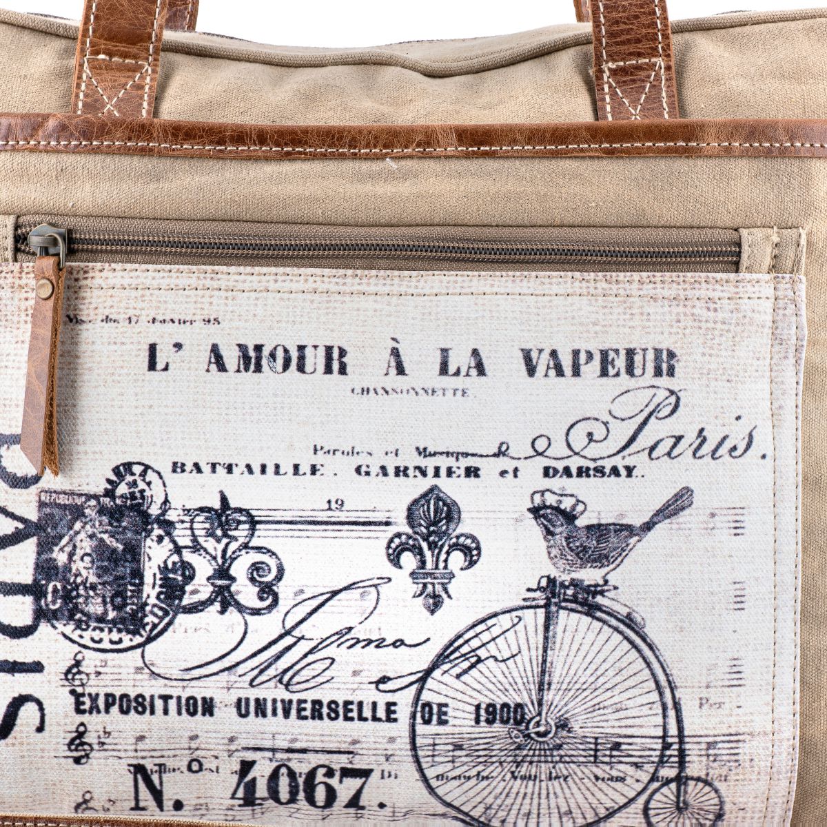 Beige bag with vintage-style graphic and text on a white background