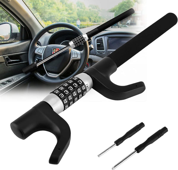 Car steering wheel lock with combination dial and additional tools on a white background