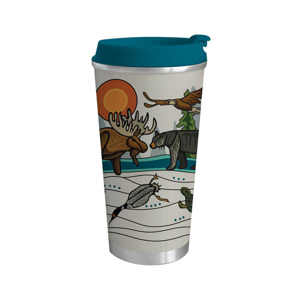 Travel mug with nature-themed design featuring animals and a blue lid on a white background