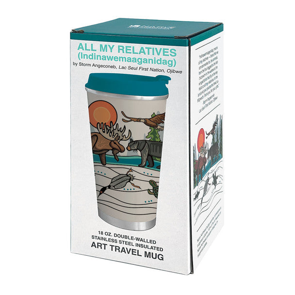 Travel mug with nature-themed design in a branded box on a white background