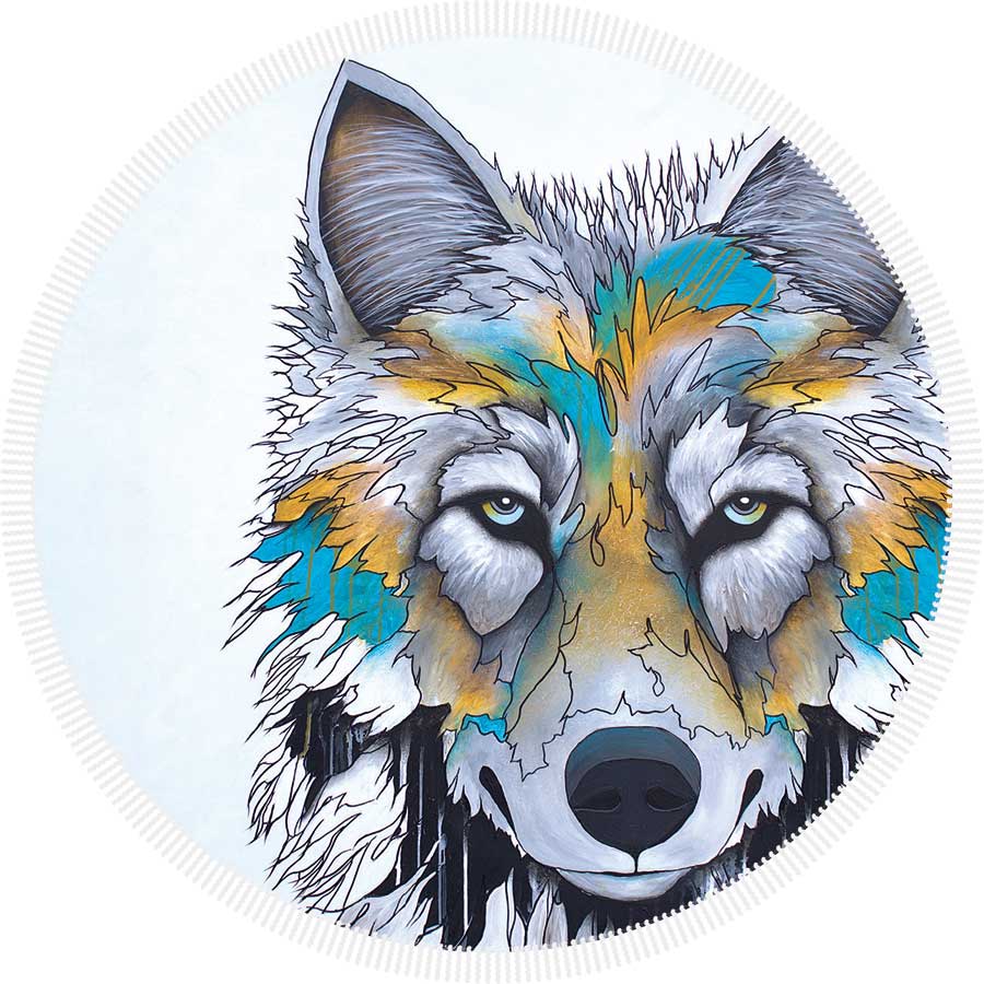 Colorful wolf illustration with a circular white border