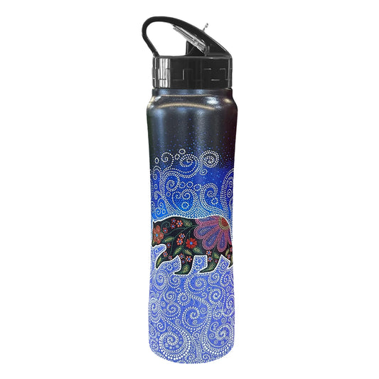 Celestial Bear Indigenous art sport bottle by Kim McDonough Mi'kmaw artist, front view with carry handle