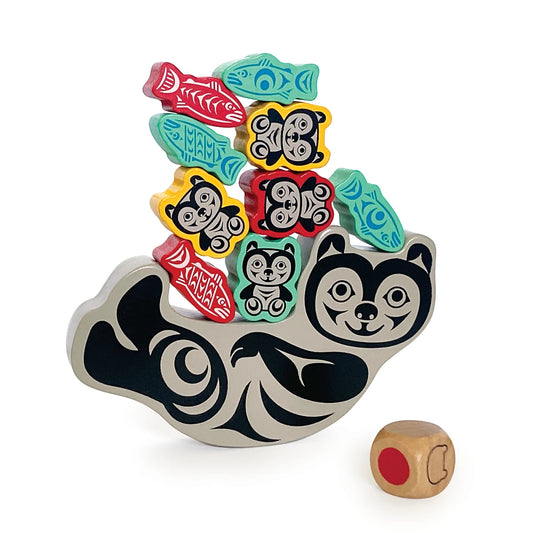 Wooden toy with raccoon design and colorful animal pieces on a white background