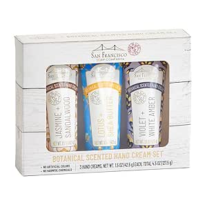 Set of three hand cream bottles in a decorative box with 'San Francisco Soap Company' branding.