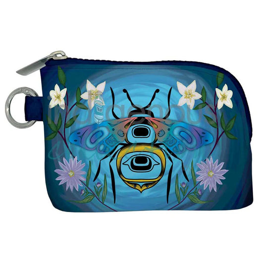 Coin purse with a bee and floral design on a blue background