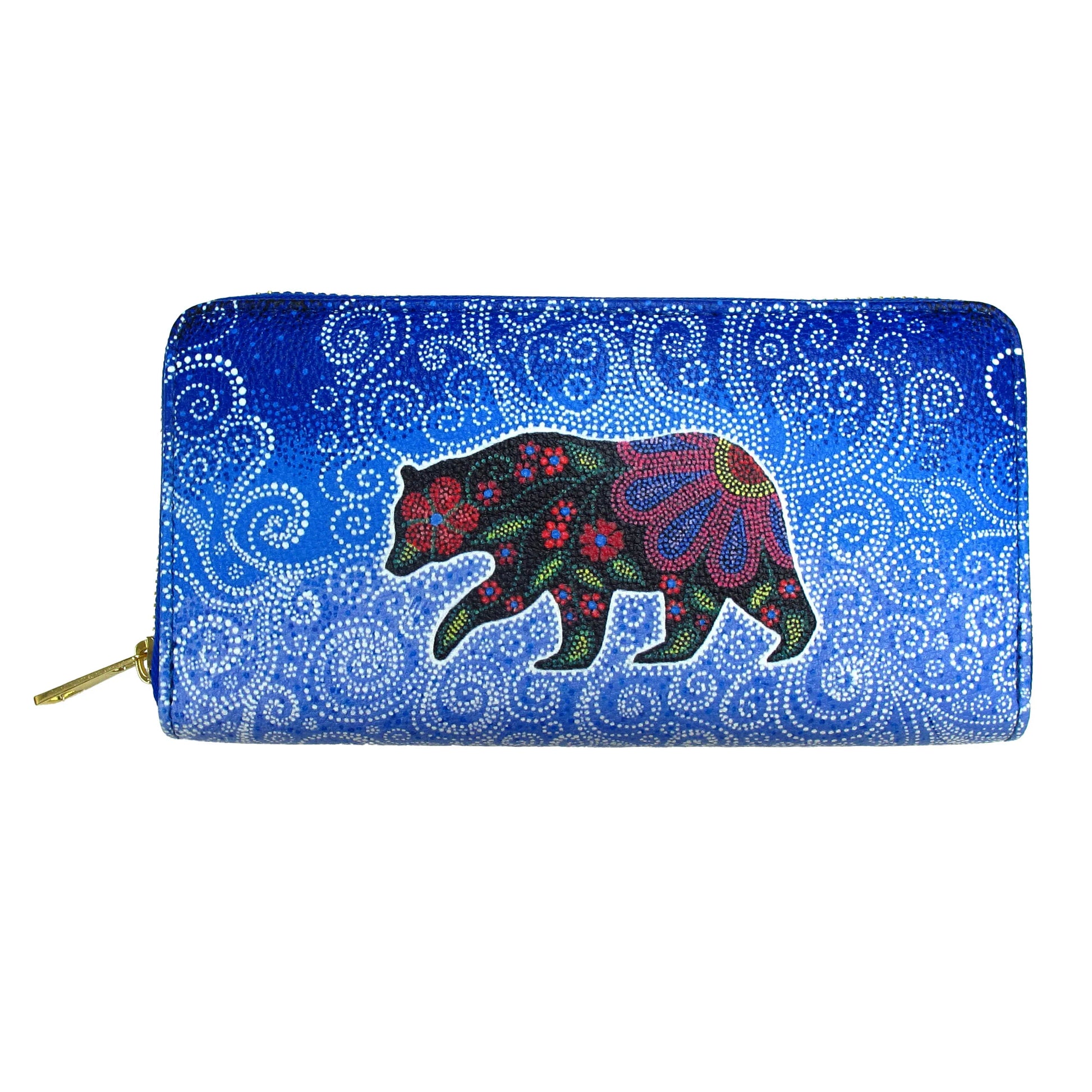 Colorful bear design on a blue patterned wallet