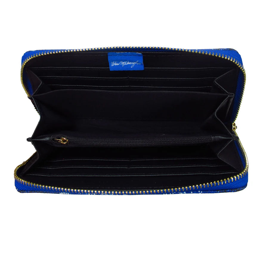 Black wallet with blue interior and zipper, featuring a brand label on a white background.