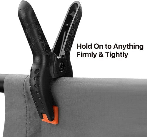 Black clamp holding onto a gray fabric with text 'Hold On to Anything Firmly & Tightly' on a white background.