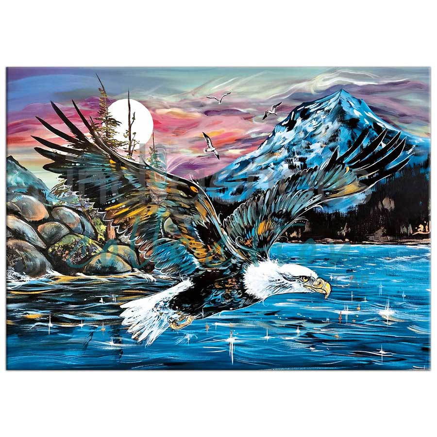 Eagle flying with mountain range in background on a magnet