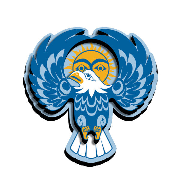 A stylized blue eagle emblem with spread wings, a white head, yellow beak and talons, and a yellow sun motif behind it on a plain white background.