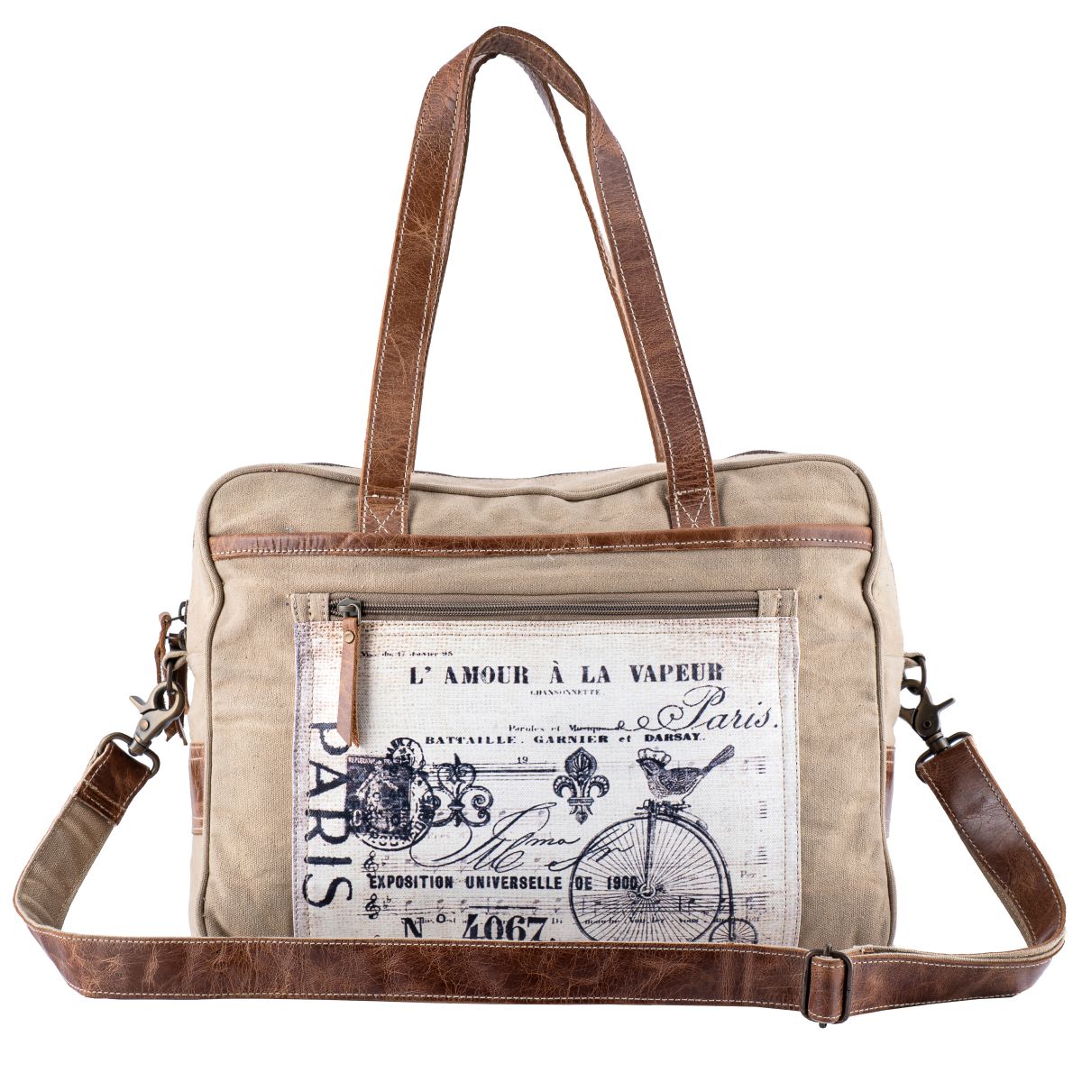 Beige bag with brown leather straps and a vintage-style design on a white background
