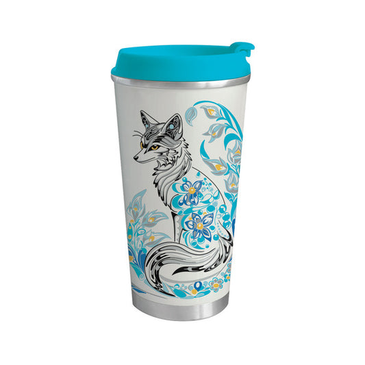 Tumbler with a fox design and blue lid on a white background