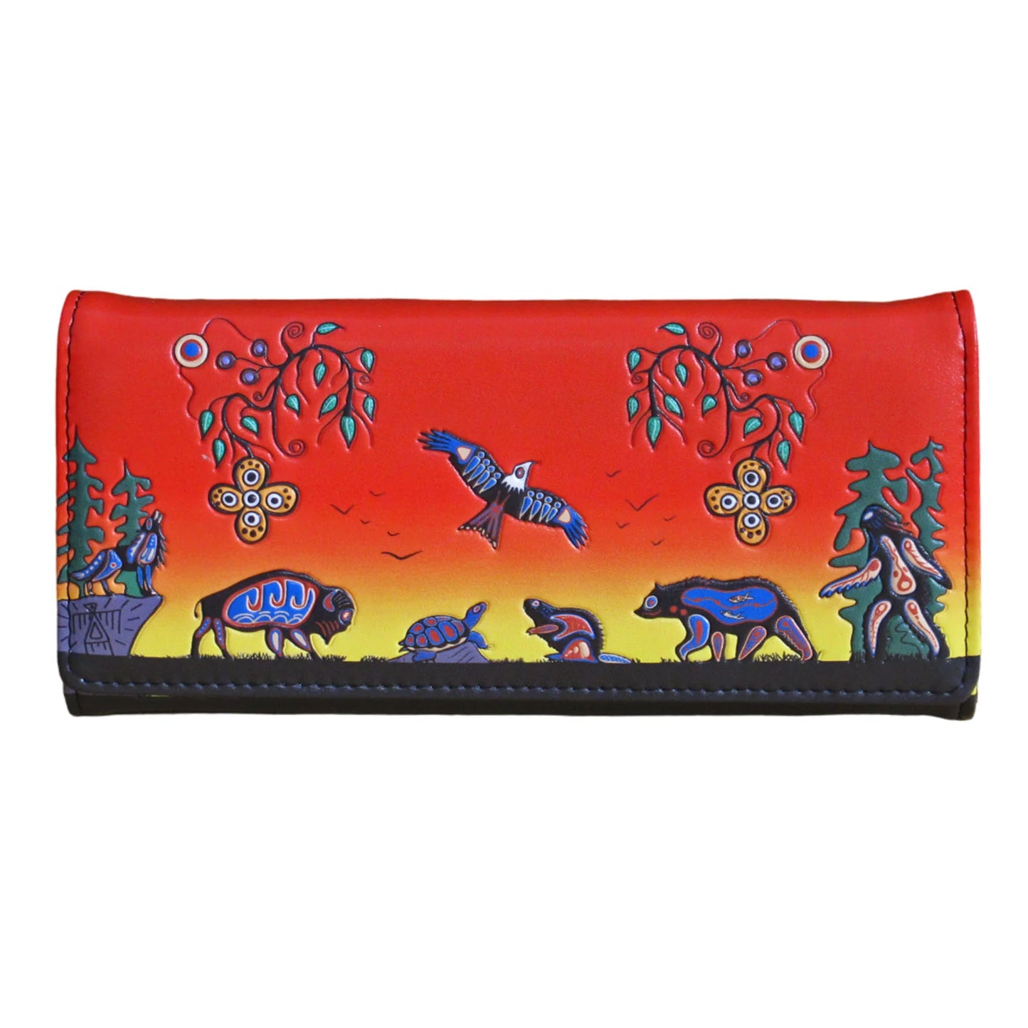 Colorful wallet with nature-themed designs on a white background