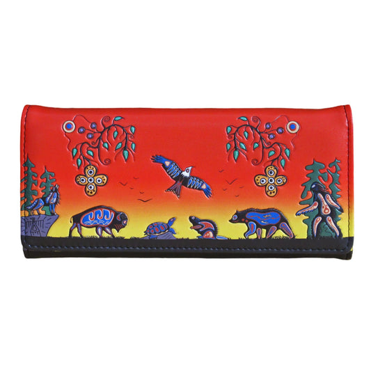 Colorful wallet with nature-themed designs on a white background