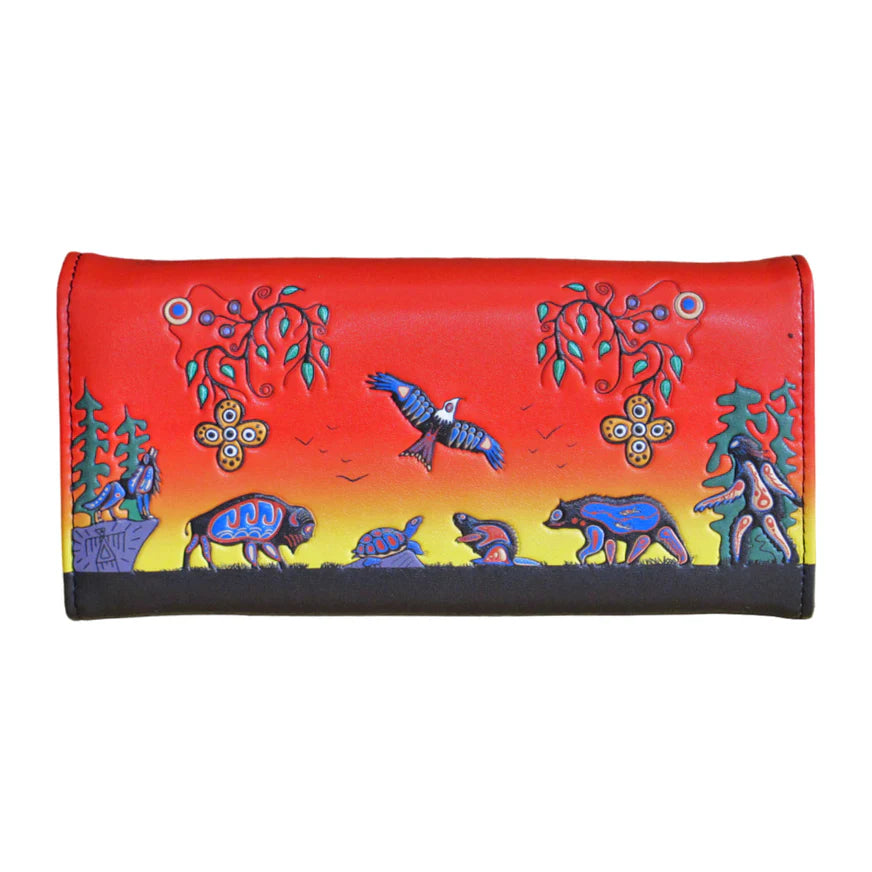 Colorful wallet with nature-themed design on a white background