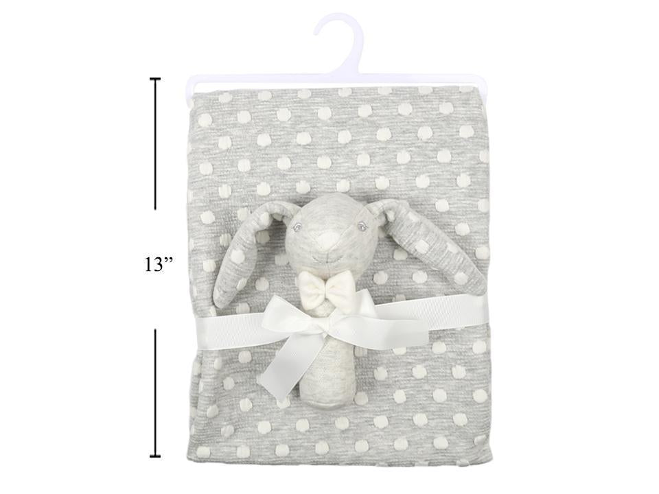 A baby blanket set featuring a light gray and white polka dot blanket with a plush gray bunny toy and white ribbon, shown on a hanger with a 13-inch height measurement marker.