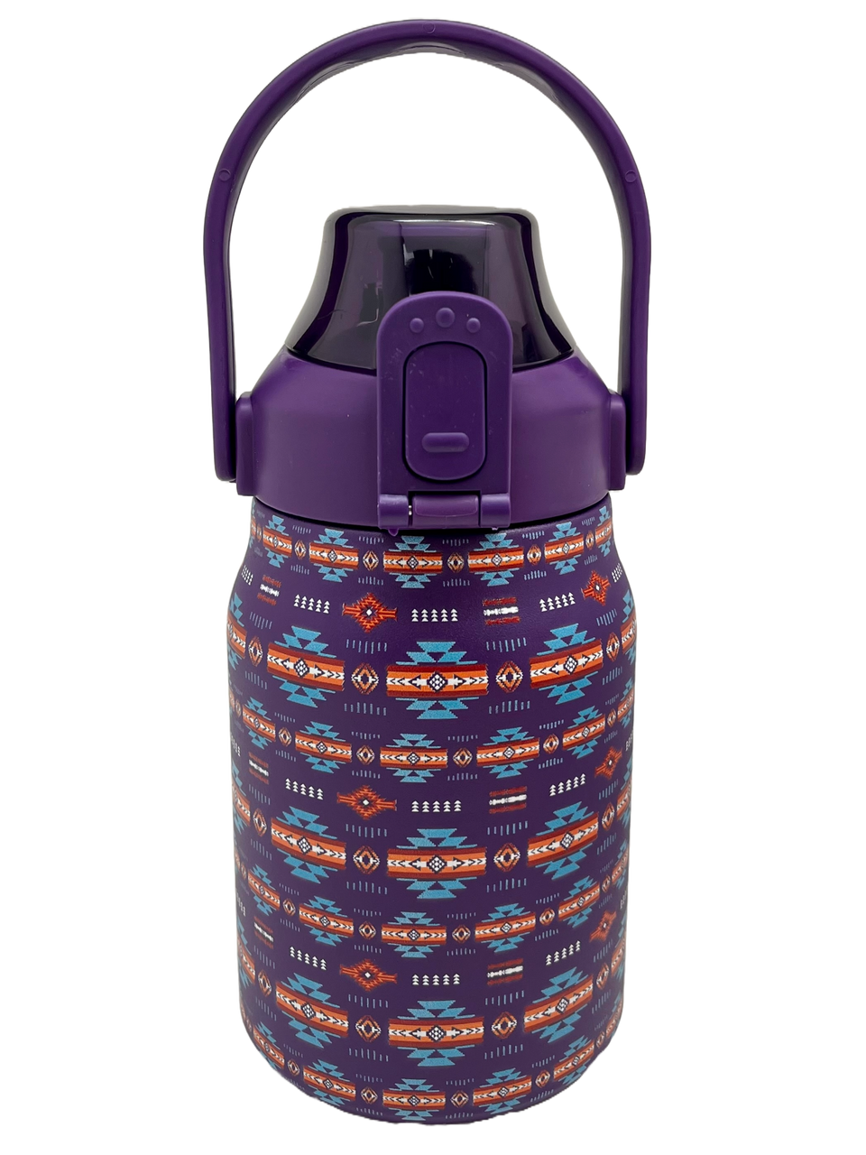 Children's water bottle with purple lid and patterned design on a white background