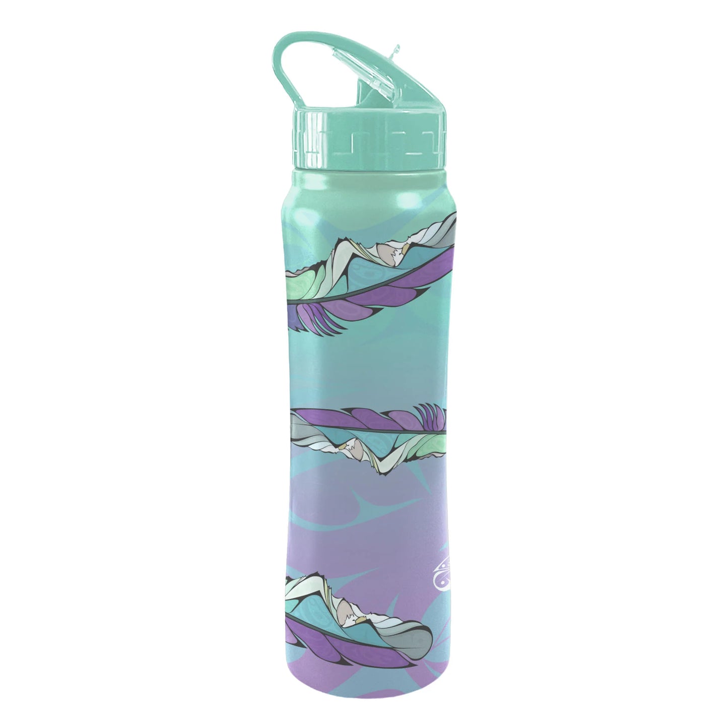 Healing Feather Indigenous art sport bottle by Michelle Stoney Gitxsan artist, front view with carry handle