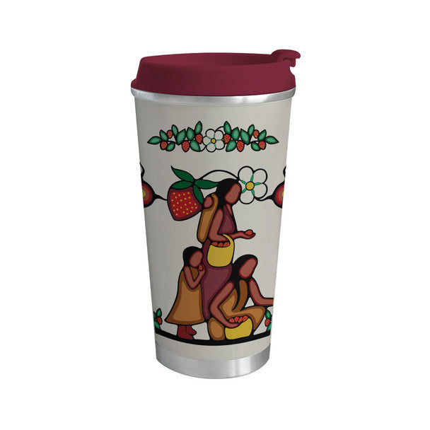 Travel mug with a colorful design of two people and nature elements on a white background