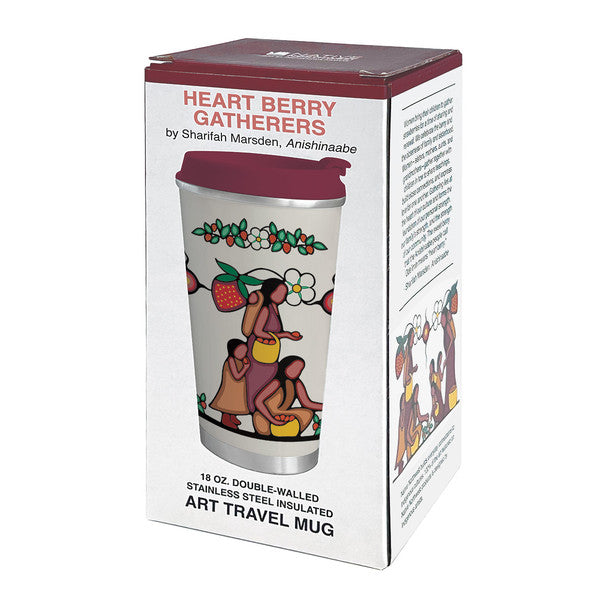 Travel mug with 'Heart Berry Gatherers' design in packaging on a white background