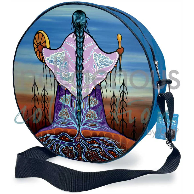 Round Bag with strap, with a woman holding a drum on a colorful background