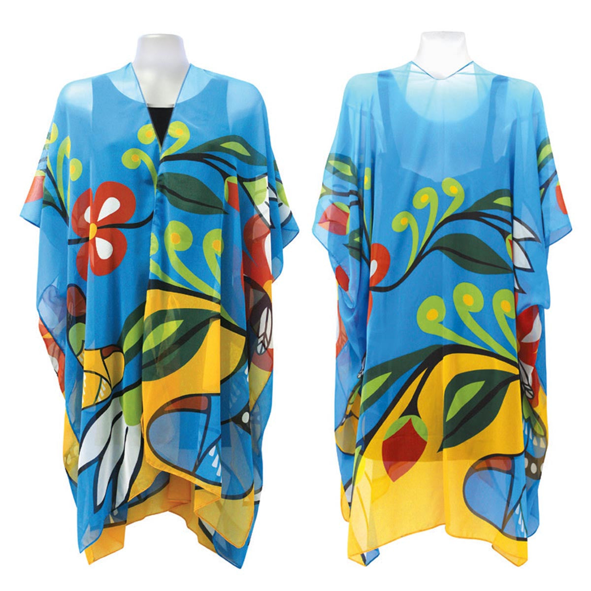 Two colorful floral-patterned kaftans on mannequins against a white background