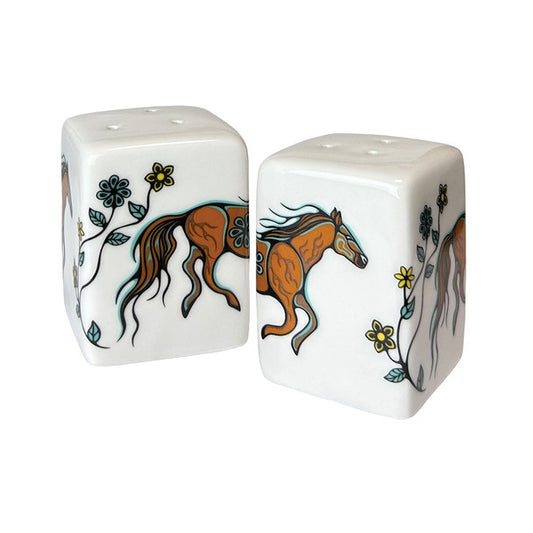 Two ceramic Salt and Pepper shakers with horse designs on a white background