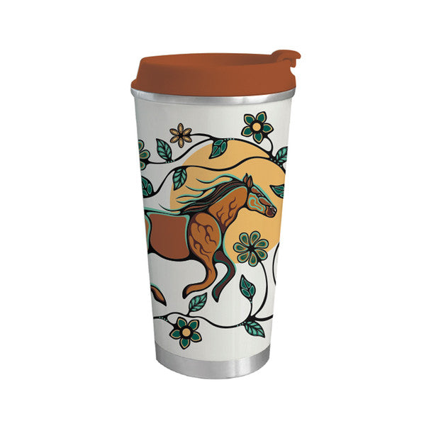 Travel mug with a horse design and brown lid on a white background
