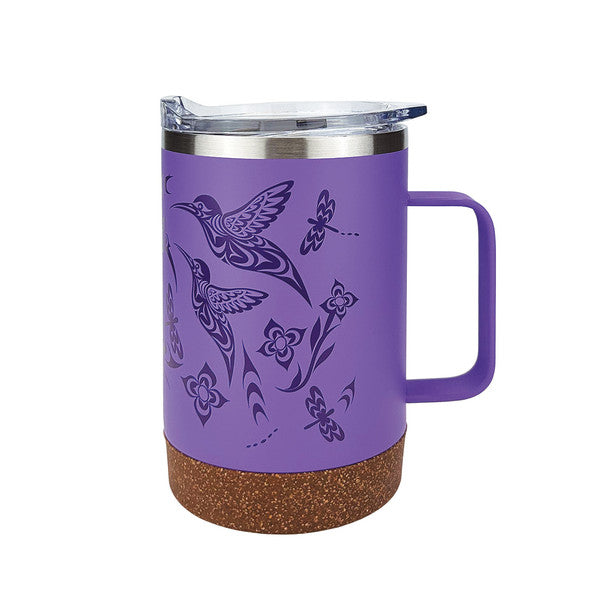 Purple insulated mug with bird and floral designs on a white background