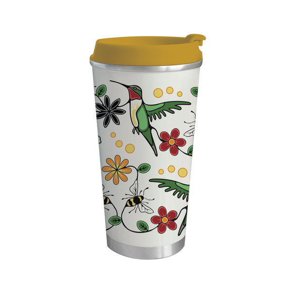 Tumbler with colorful hummingbird and floral design on a white background