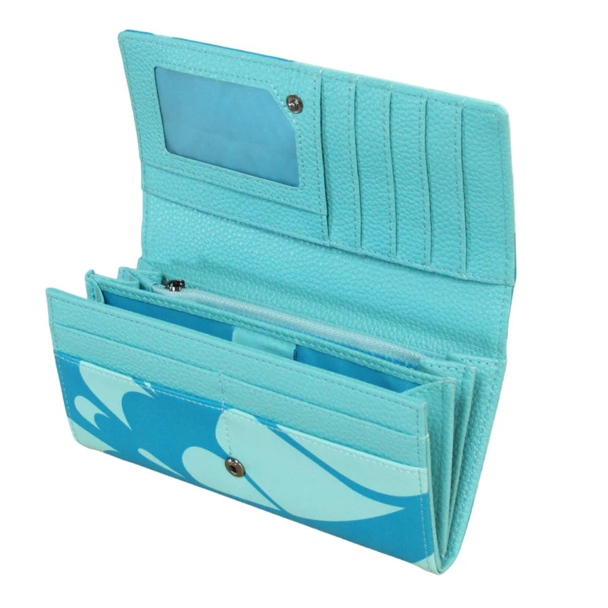 Turquoise wallet with hummingbird design on a white background