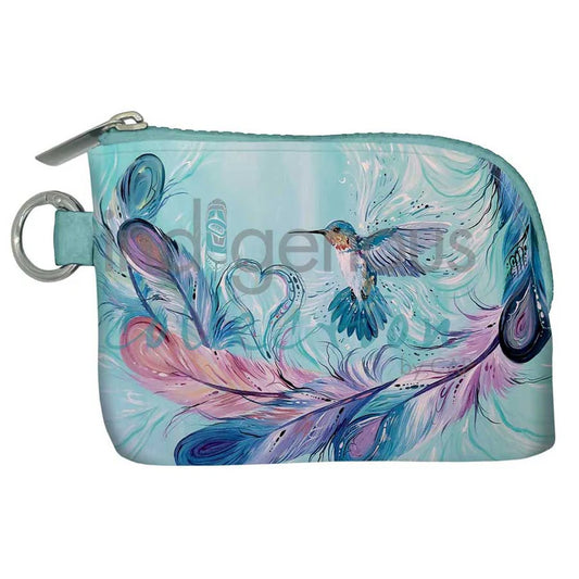 A small zippered pouch with a turquoise and light blue background, decorated with a hummingbird and large pink, purple, and blue feathers. It has a silver zipper, a silver metal keyring, and a faint diagonal watermark across the center.