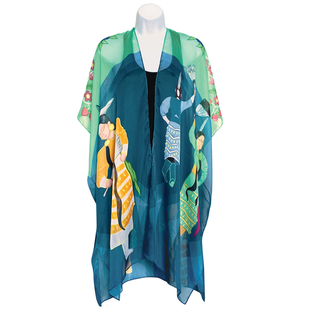 Colorful kimono-style garment on a mannequin with a white background