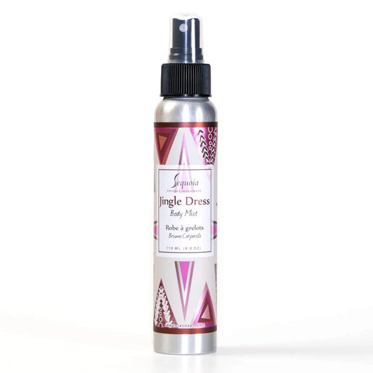 Silver spray bottle with pink and white label on a white background