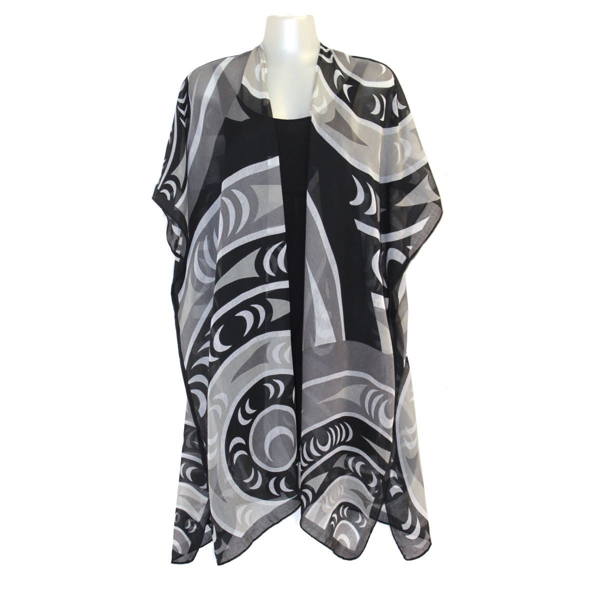 Black and white patterned scarf on a mannequin against a white background