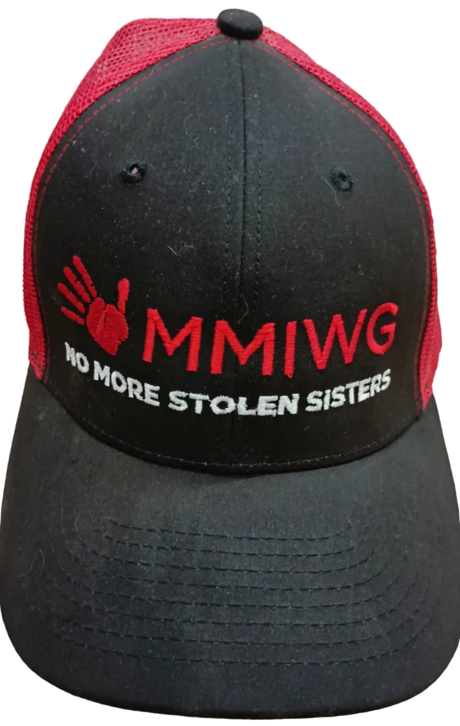 Black and red cap with MMIWG logo and text on a white background