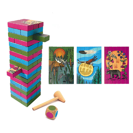 Wooden tower game with colorful blocks, a mallet, and nature-themed puzzles on a white background